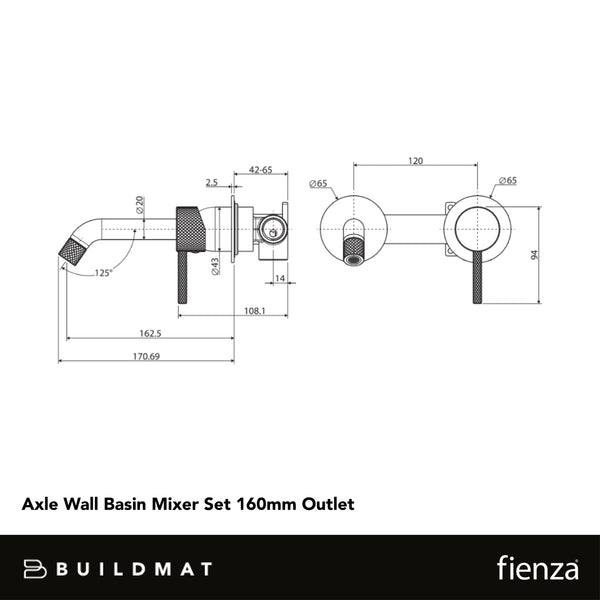 Fienza Axle Wall Basin Mixer Set Round Plates 160mm Outlet Matte Black