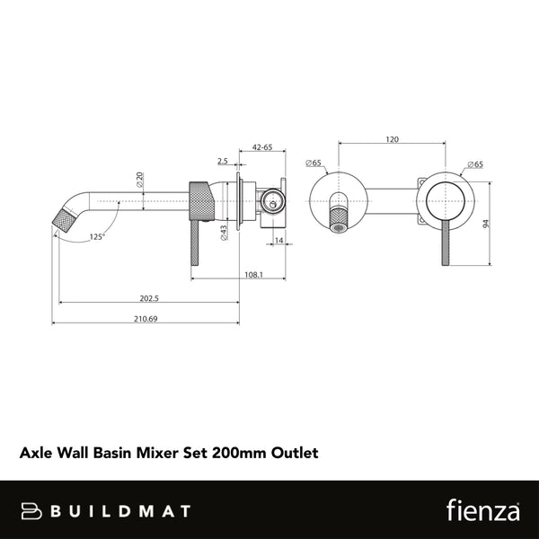 Fienza Axle Wall Basin Mixer Set Round Plates 200mm Outlet Matte Black