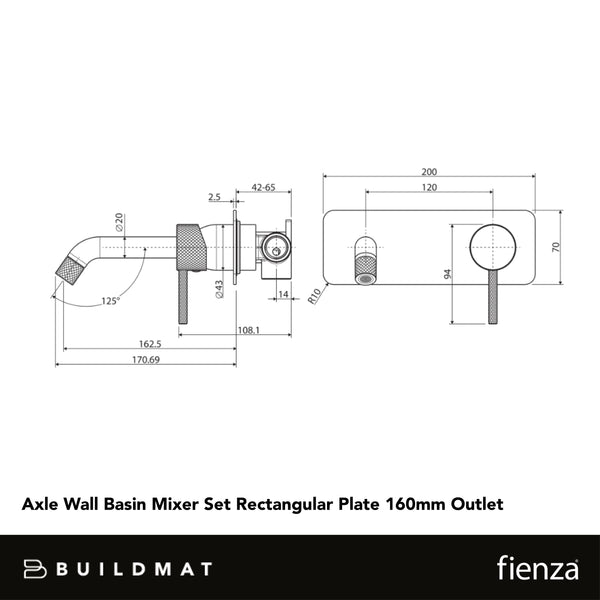 Fienza Axle Wall Basin Mixer Set Rectangular Plate 160mm Outlet Matte Black