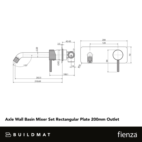 Fienza Axle Wall Basin Mixer Set Rectangular Plate 200mm Outlet Matte Black