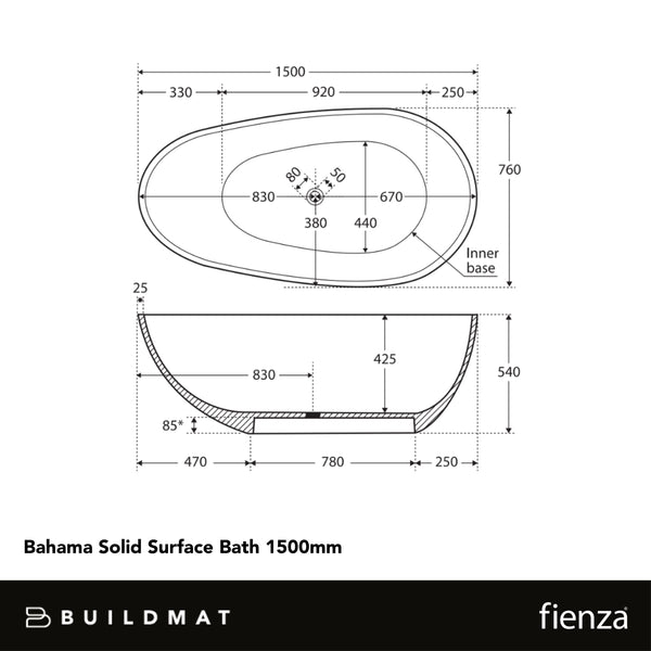 Fienza Bahama Solid Surface Bath 1500mm Matte White