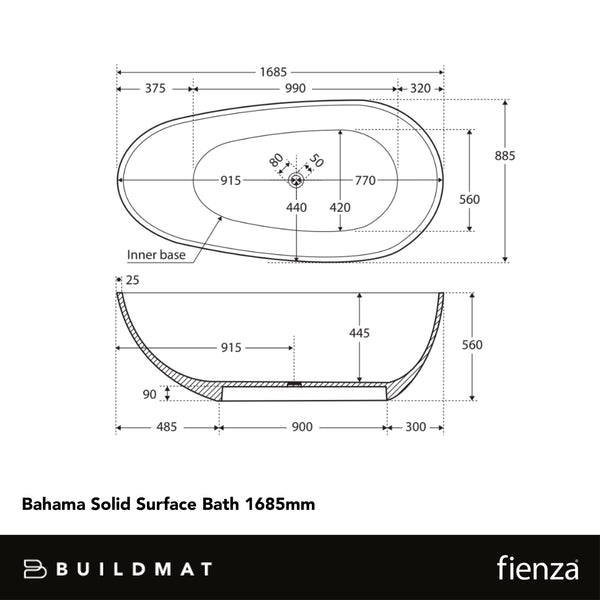 Fienza Bahama Solid Surface Bath 1685mm Matte White
