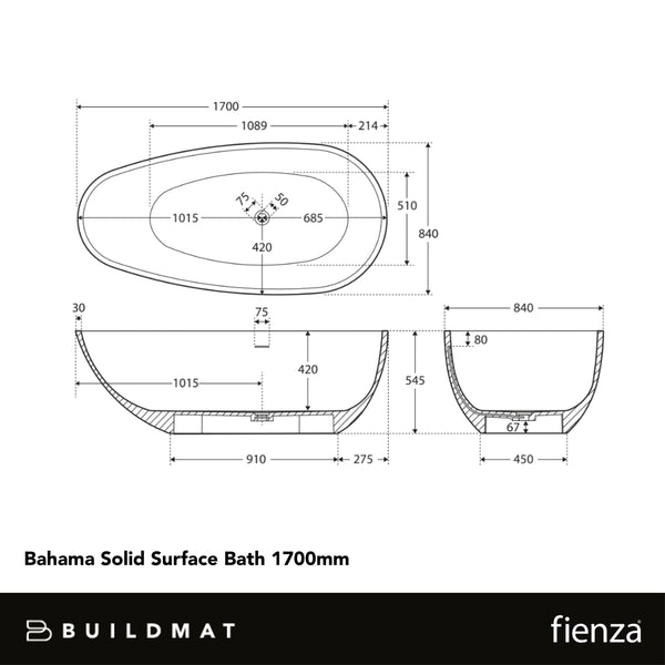 Fienza Bahama Solid Surface Bath 1700mm Matte Black
