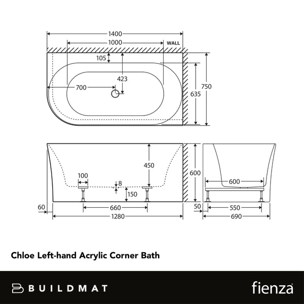 Fienza Chloe Left Hand Acrylic Corner Bath Gloss White