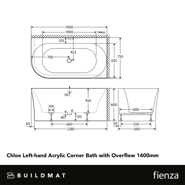 Fienza Chloe Left Hand Acrylic Corner Bath with Overflow 1400mm White