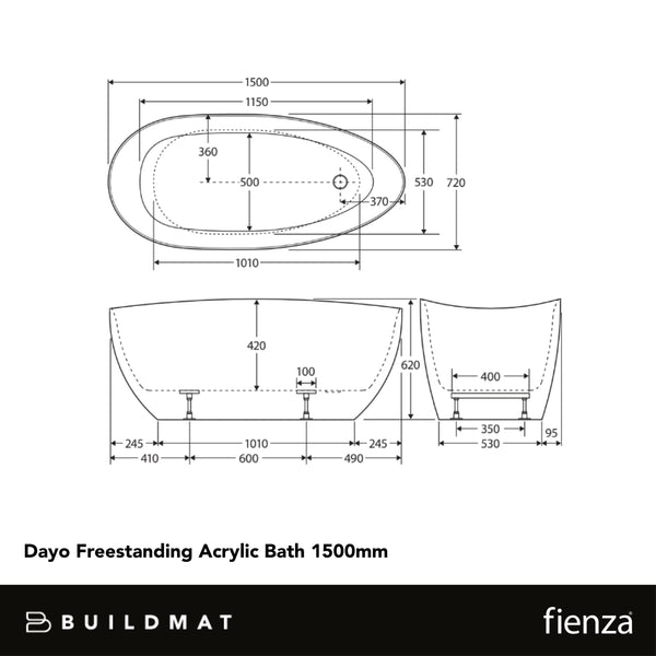 Fienza Dayo Freestanding Acrylic Bath 1500mm Gloss White