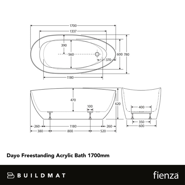 Fienza Dayo Freestanding Acrylic Bath 1700mm with Overflow Gloss White