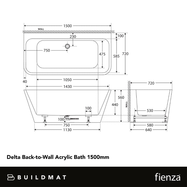 Fienza Delta Back To Wall Acrylic Bath 1500mm Gloss White