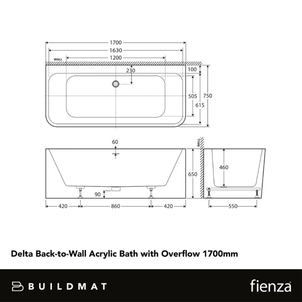 Fienza Delta Back To Wall Acrylic Bath with Overflow 1700mm White
