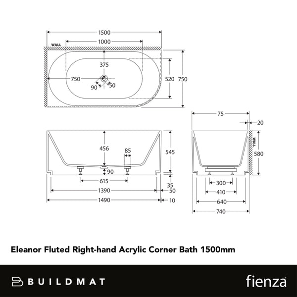 Fienza Eleanor Fluted Right Hand Acrylic Corner Bath 1500mm Gloss White