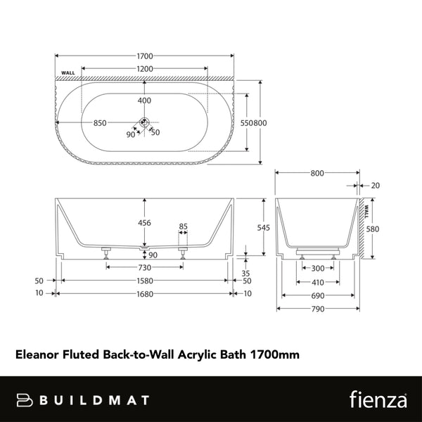 Fienza Eleanor Fluted Back to Wall Acrylic Bath 1700mm Gloss White
