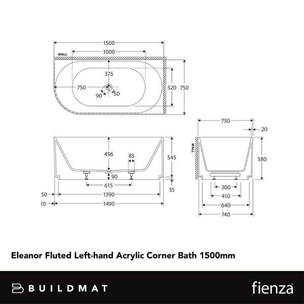 Fienza Eleanor Fluted Left Hand Acrylic Corner Bath 1500mm Gloss White
