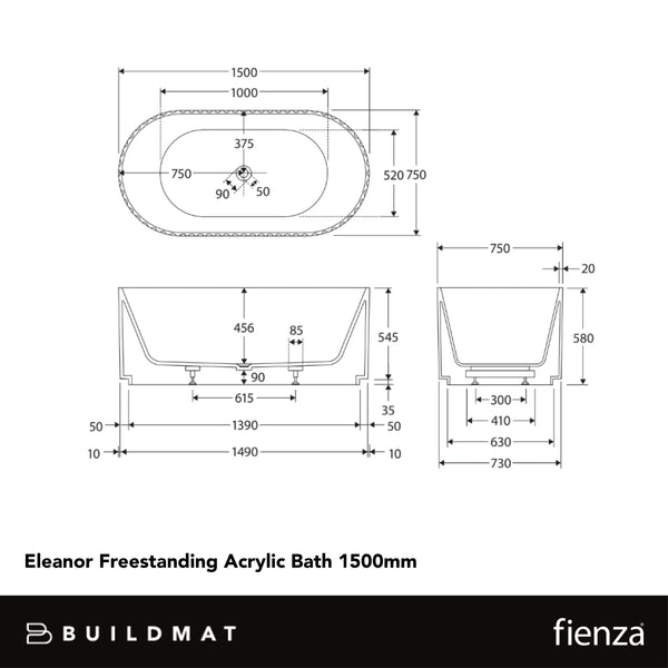 Fienza Eleanor Fluted Freestanding Acrylic Bath 1500mm Gloss White