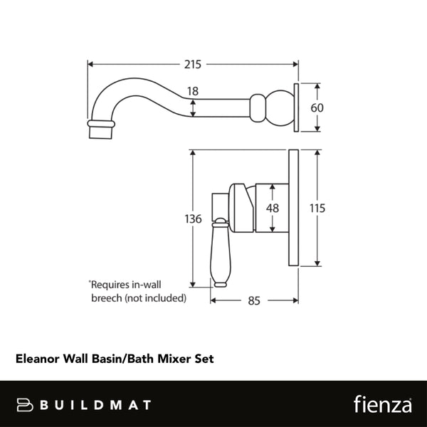 Fienza Eleanor Wall Basin Mixer Set Matte Black with Ceramic Handle