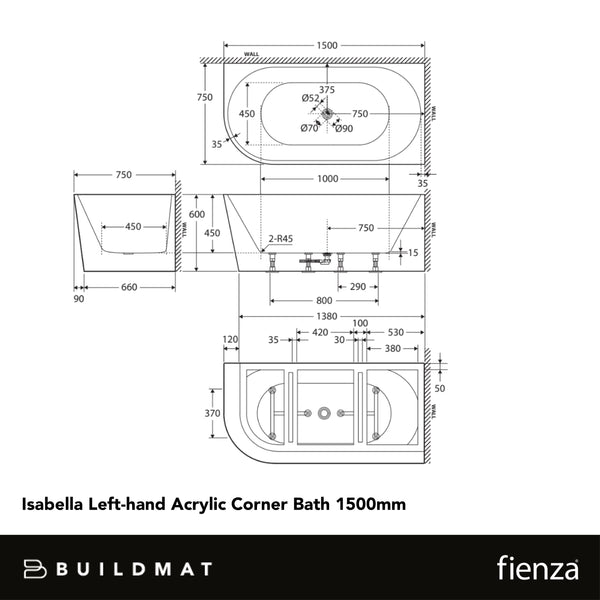 Fienza Isabella Left Hand Acrylic Corner Bath 1500mm Matte White