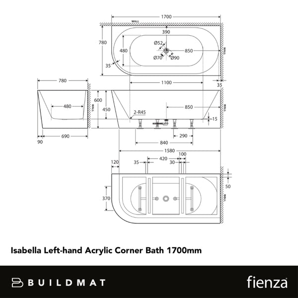Fienza Isabella Left Hand Acrylic Corner Bath 1700mm Matte White