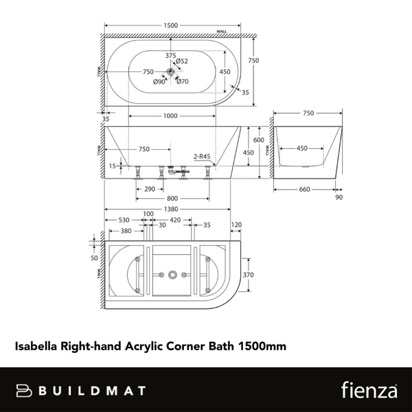 Fienza Isabella Right Hand Acrylic Corner Bath 1500mm Gloss White