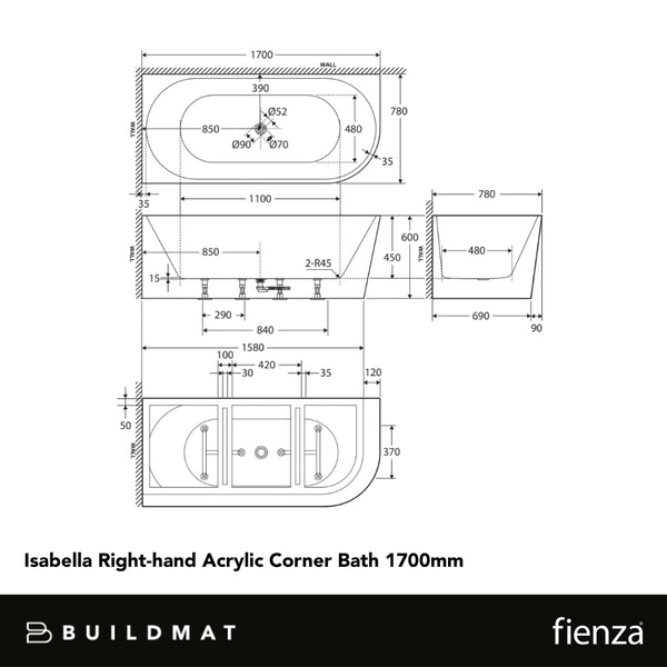 Fienza Isabella Right Hand Acrylic Corner Bath 1700mm Gloss White