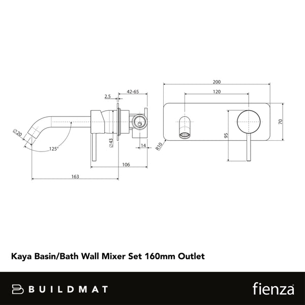 Fienza Kaya Basin Wall Mixer Set Rectangular Plate 160mm Outlet Matte Black