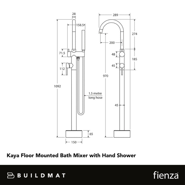 Fienza Kaya Floor Mounted Bath Mixer With Hand Shower Matte Black