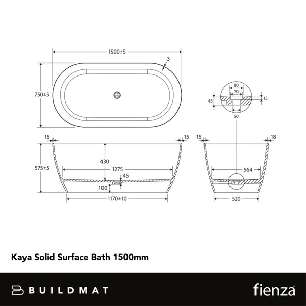Fienza Kaya Solid Surface Bath 1500mm Matte White