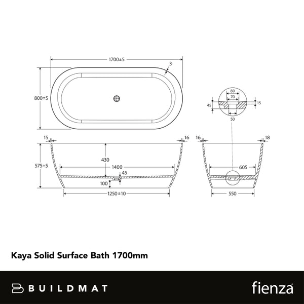 Fienza Kaya Solid Surface Bath 1700mm Matte White