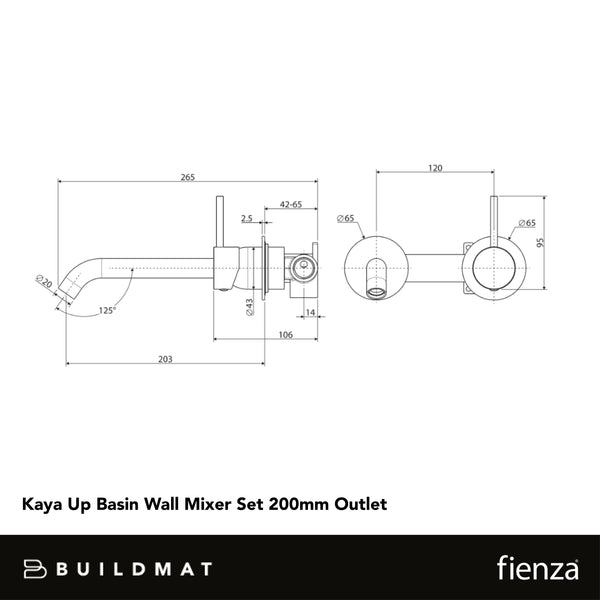 Fienza Kaya Up Basin Wall Mixer Set Rectangular Plate 200mm Outlet Gun Metal