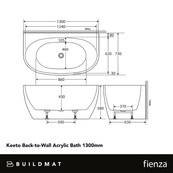 Fienza Keeto Back To Wall Acrylic Bath 1300mm White