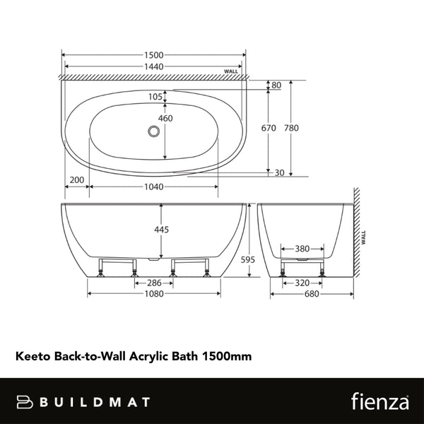 Fienza Keeto Back To Wall Acrylic Bath 1500mm White