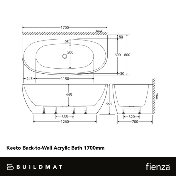Fienza Keeto Back To Wall Acrylic Bath 1700mm White