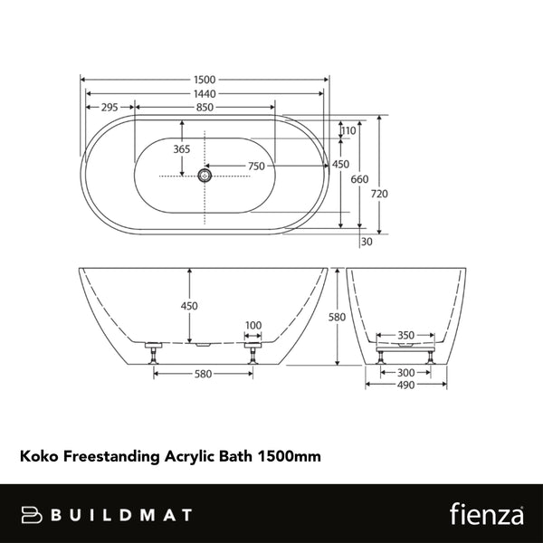 Fienza Koko Freestanding Acrylic Bath 1500mm Matte White