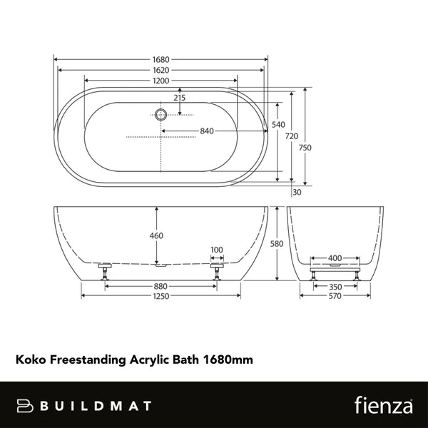 Fienza Koko Freestanding Acrylic Bath 1680mm Gloss White
