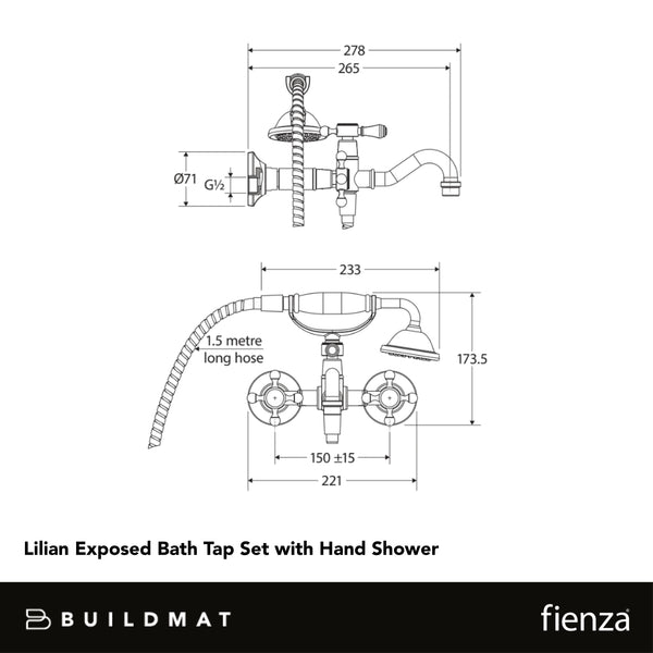 Fienza Lillian Exposed Bath Tap Set with Hand Shower Chrome