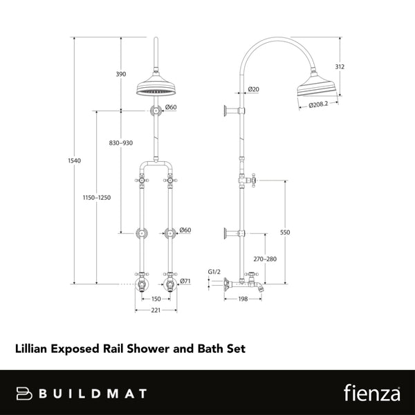 Fienza Lillian Exposed Rail Shower And Bath Set Chrome