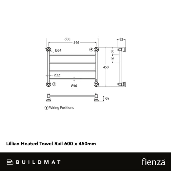 Fienza Lillian Heated Towel Rail 600 x 450mm Brushed Nickel