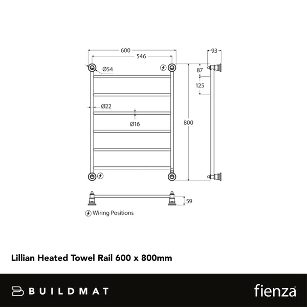 Fienza Lillian Heated Towel Rail 600 x 800mm Chrome