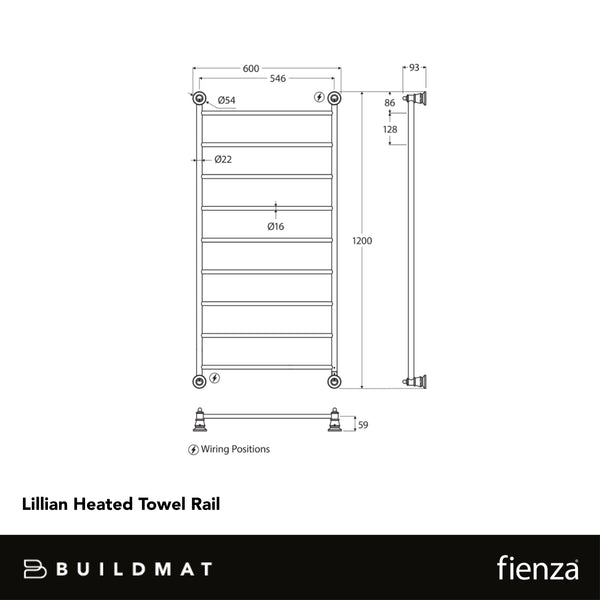 Fienza Lillian Heated Towel Rail 600 x 1200mm Chrome