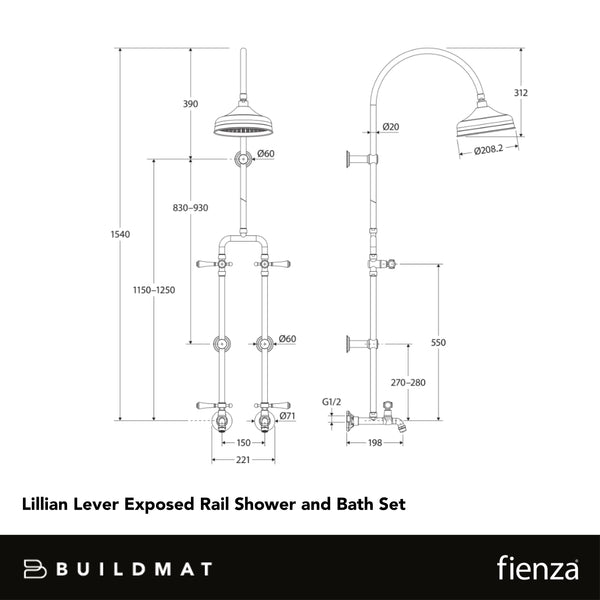 Fienza Lillian Lever Exposed Rail Shower And Bath Set Brushed Nickel