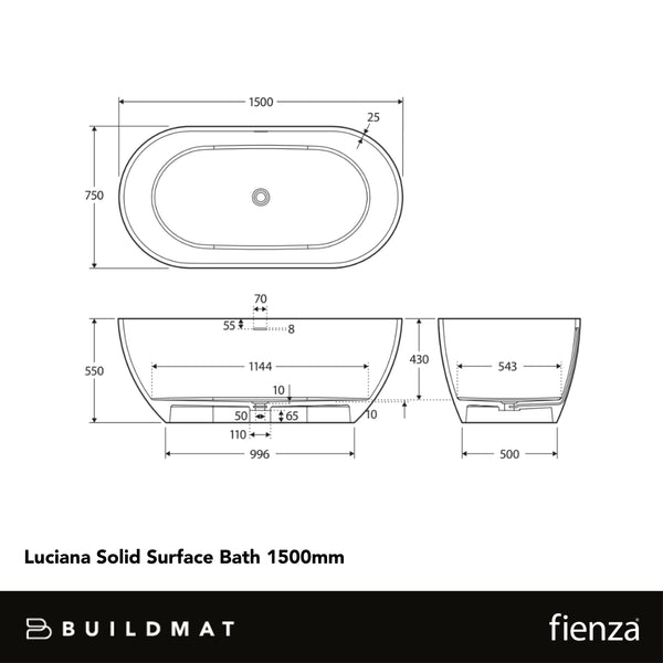 Fienza Luciana Solid Surface Bath 1500mm Matte Black