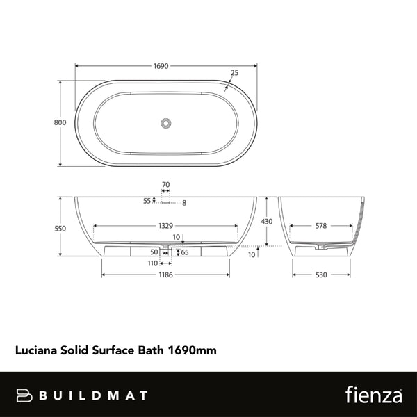 Fienza Luciana Solid Surface Bath 1690mm Matte Black