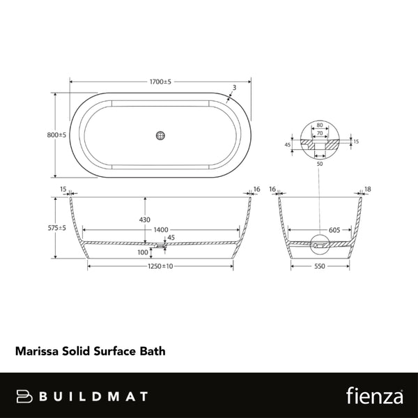 Fienza Marissa Solid Surface Bath Matte White