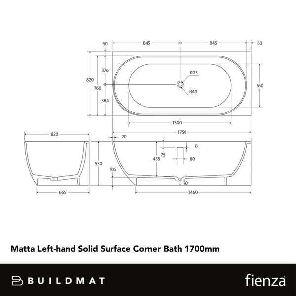 Fienza Matta Left Hand Solid Surface Corner Bath 1700mm Matte White