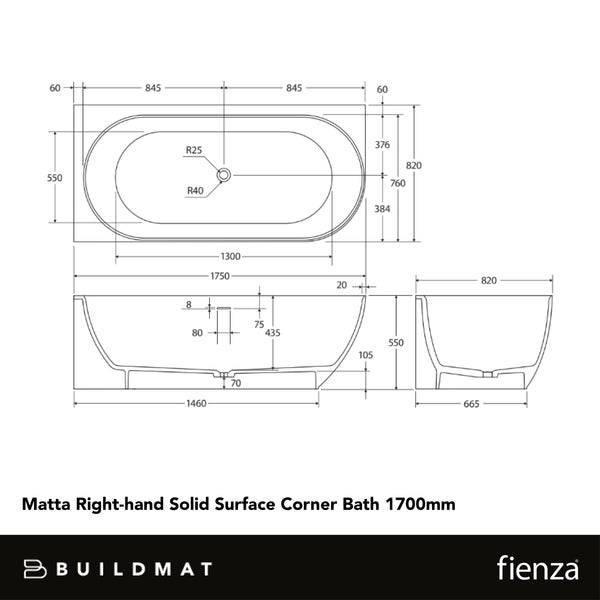 Fienza Matta Right Hand Solid Surface Corner Bath 1700mm Matte White