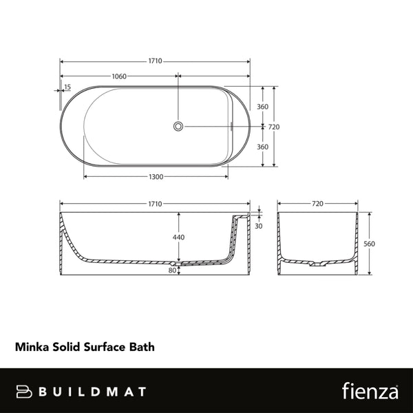 Fienza Minka Solid Surface Bath 1700mm Matte Black