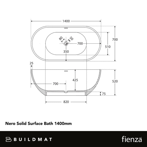Fienza Nero Solid Surface Bath 1400mm Matte White