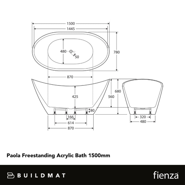 Fienza Paola Freestanding Acrylic Bath 1500mm Gloss White
