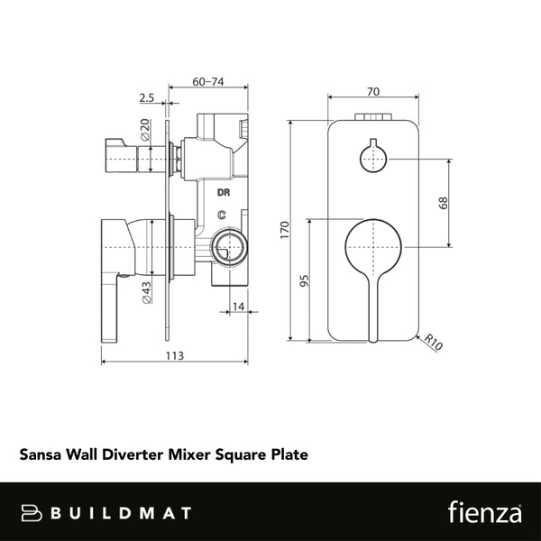 Fienza Sansa Wall Diverter Mixer Rectangular Plate Urban Brass