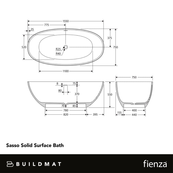 Fienza Sasso Solid Surface Bath 1550mm Matte White