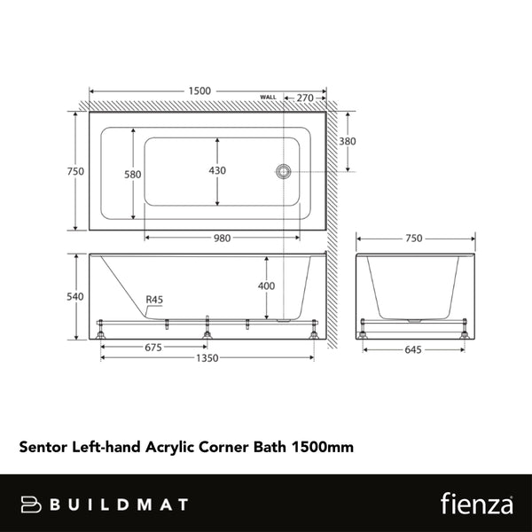 Fienza Sentor Left Hand Acrylic Corner Bath 1500mm White