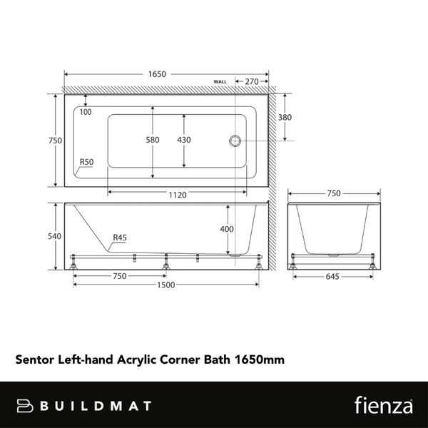 Fienza Sentor Left Hand Acrylic Corner Bath 1650mm White